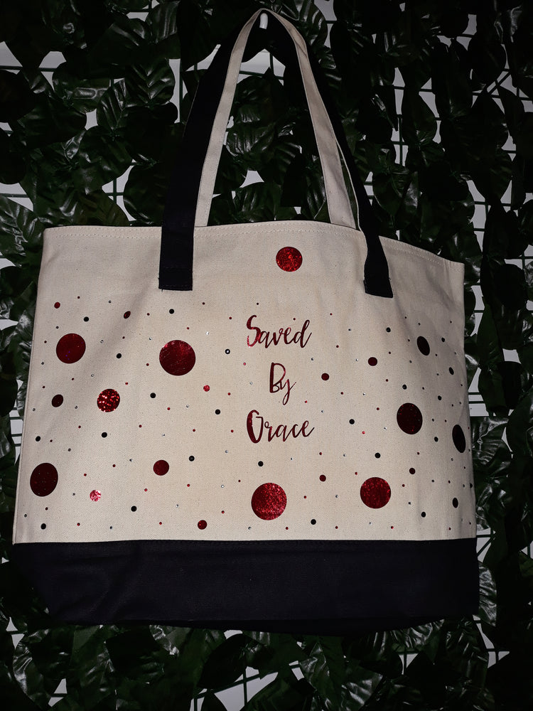 Saved By Grace - Black with red sparkle font