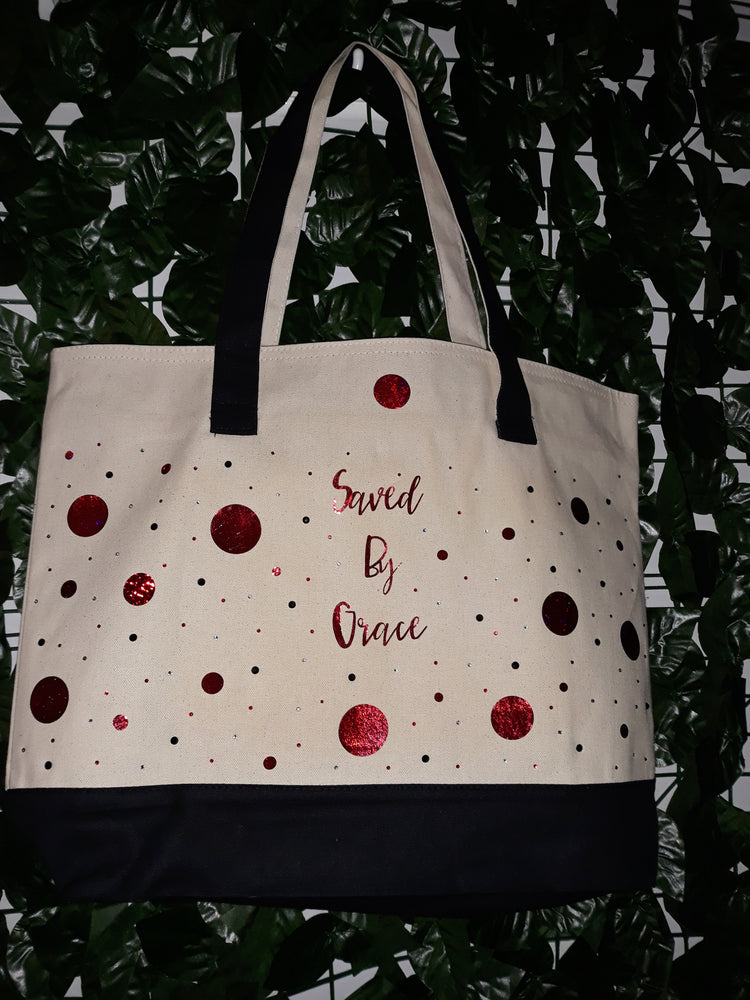 Saved By Grace - Black with red sparkle font